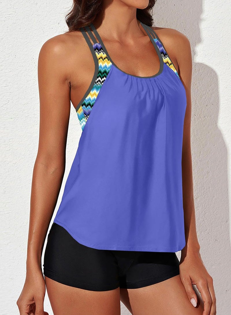 Aleumdr Womens Blouson Printed Push Up Tankini Set Padded Bathing Suit Racerback Two Piece Swimsuit Blue Medium 8 10 - Image 5